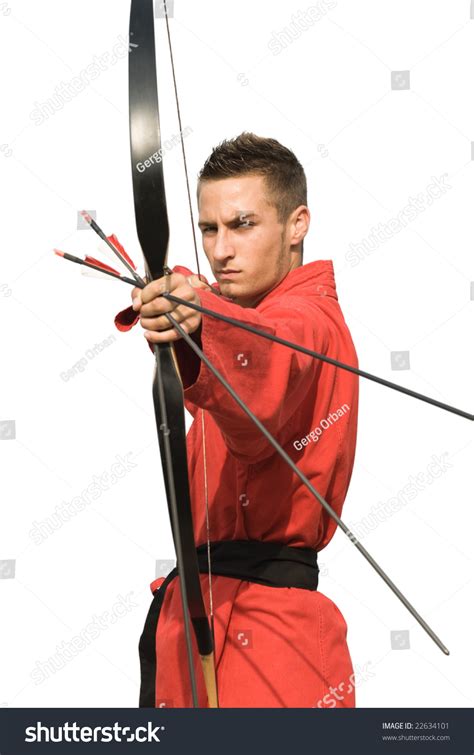 Very Focused Archer Pointing At The Camera Isolated On White Background