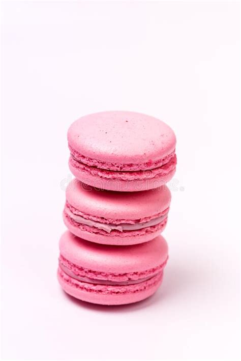 Stack Of Pink Macarons On White Background French Dessert Strawberry