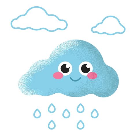 Ilustración de una alegre nube azul con lluvia sobre un fondo blanco estilo plano vectorial