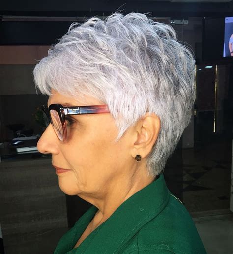 Ruffled Purple Tinted Gray Pixie Short Hair Older Women Haircut For Older Women Short Grey Hair
