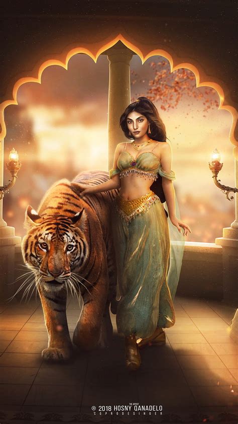 jasmine with tiger fantasy girl digital art artistic art work aladdin arabian nights hd
