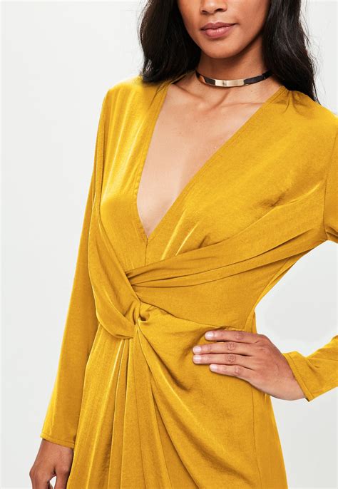mustard yellow satin asymmetric twist front maxi dress missguided twist front dress dresses