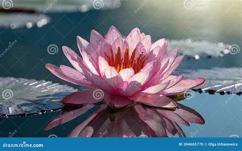 Pink Lotus Flower Or Water Lily Floating On The Water Close Shot Stock