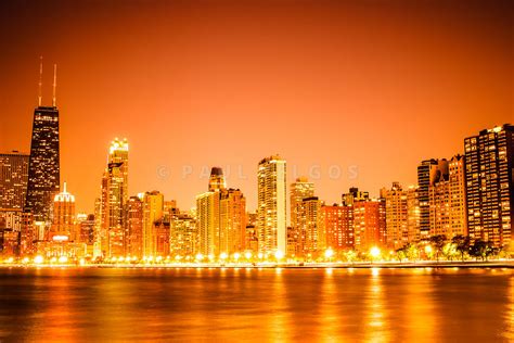 Image Chicago Skyline At Night With Orange Sky Large