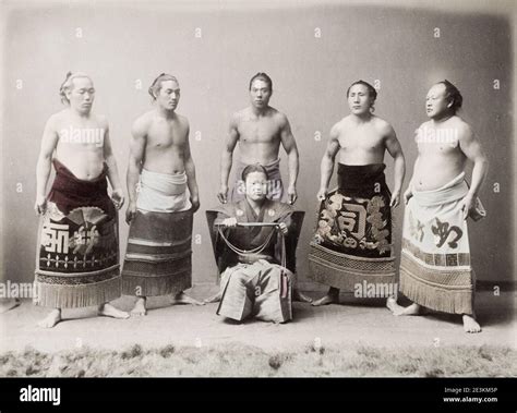 Vintage 19th Century Photograph Group Of Sumo Wrestlers Japan Stock