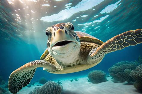 Portrait Of A Happy Sea Turtle Swimming Underwatergenerative Ai Stock