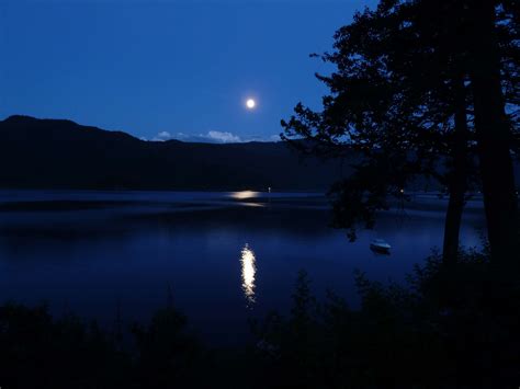 Blue Canim Lake Dark Hills Lake Landscape Moon Moon Shine Night