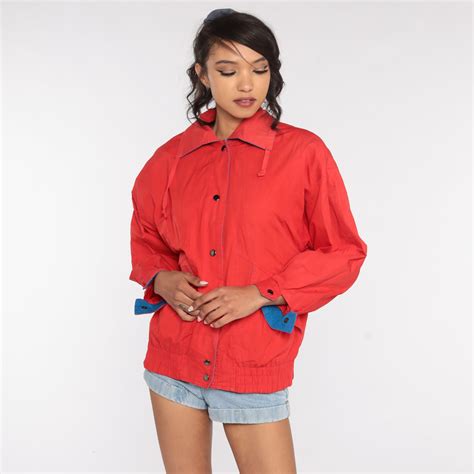 Red Windbreaker Jacket Zip Up Jacket 80s Cotton Jacket 1980s