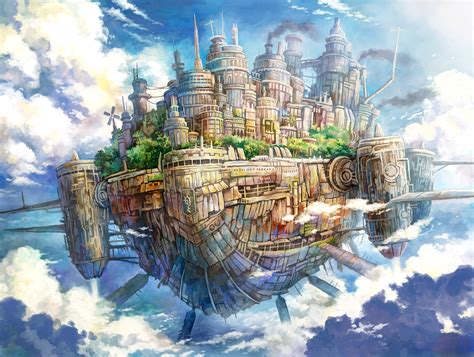 Kemi Neko Original Fantasy Cities Castle Sky Island Clouds Fly