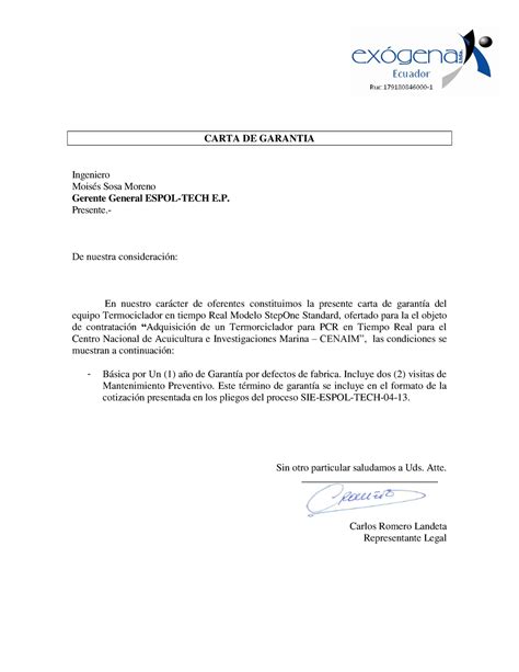 Formato De Garantia Carta De Garantia Ingeniero Moisés Sosa Moreno