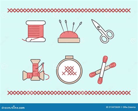 Vector Set Of Hand Made Icons Embroidery Stuff Elements For Game Or