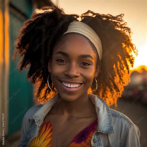 Headshot Of A Beautiful Smiling Young Afro Caribbean Girl Looking At The Camera Outside At