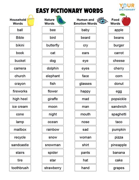 Pictionary Word List Printable