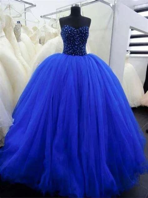 Royal Blue Ball Gown Sweetheart Prom Dresses Beads Rhinestones Tiered Custom Made Heavy Hand
