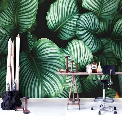 Oil Paniting Dark Green Tropical Plants Leaves Wallpaper Wall Mural