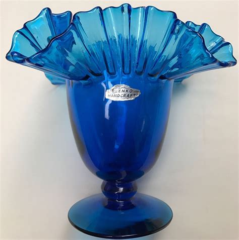 Blenko Vintage Glass Vase Blue Crimped Ruffled Original Paper Label Blenko