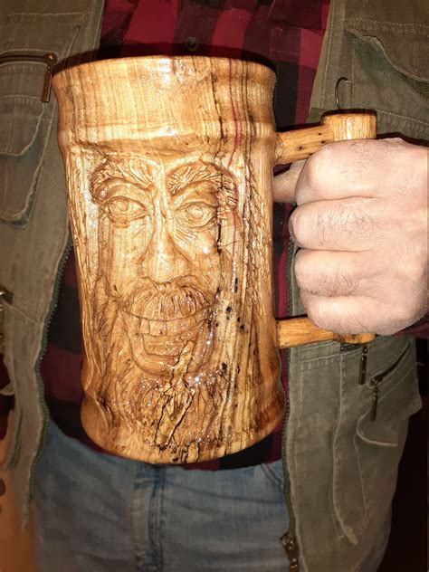 Large Wooden Tankard Carved Wood Spirit Lathe Turned Stein Mug Wood Box
