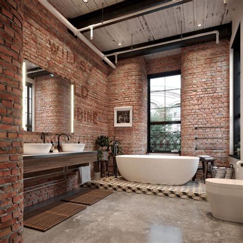 Modern Rustic Bathroom Styles Showing Amazing Viewpoint Of Brick Wall