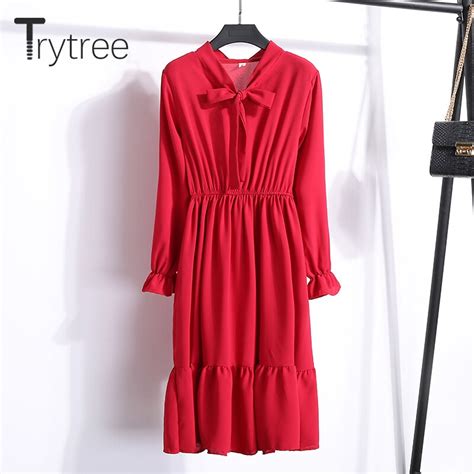 Trytree Summer Autumn Casual Solid 4 Colours Dress Women Dresses Bow