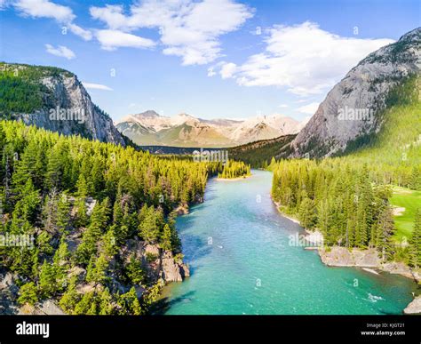 Aerial View Of Bow River Among Canadian Rockies Mountains Banff