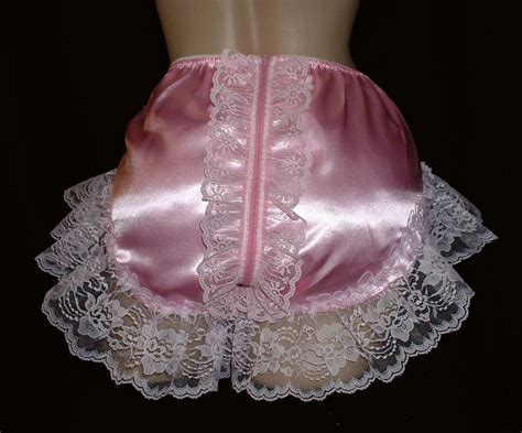 Adult Sissy Satin Full Cut Panties Cross Dresser Zipper Open Back And Lace Satin Panties Pink