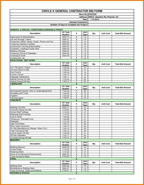 Construction Bid Comparison Spreadsheet — Db