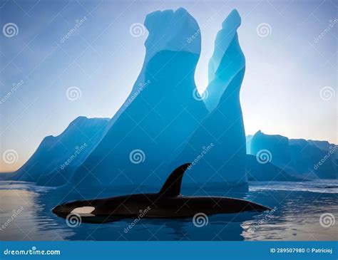 Iceberg Floating With A Killer Whale Or Orca Breaching The Water With
