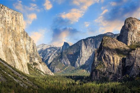 Beautiful View Of Yosemite National Park At Sunset In California Stock
