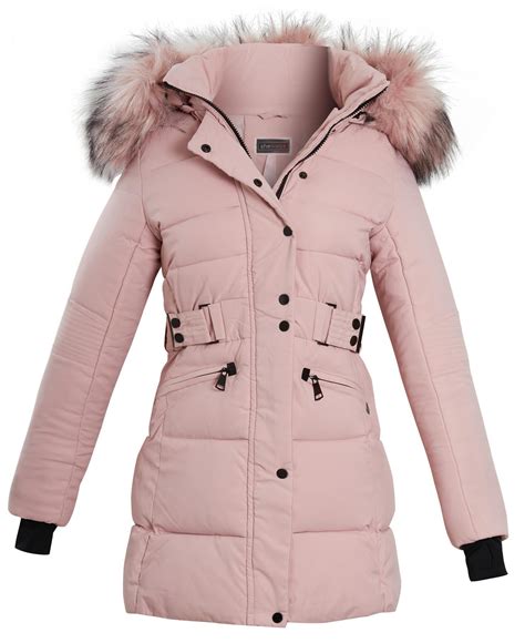 Womens Long Faux Fur Trim Hood Belted Quilted Jacket Puffer Coat Size