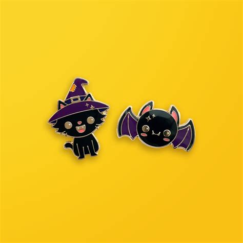 Halloween Enamel Pins Cat And Bat Set Of 2 Soft Enamel Etsy