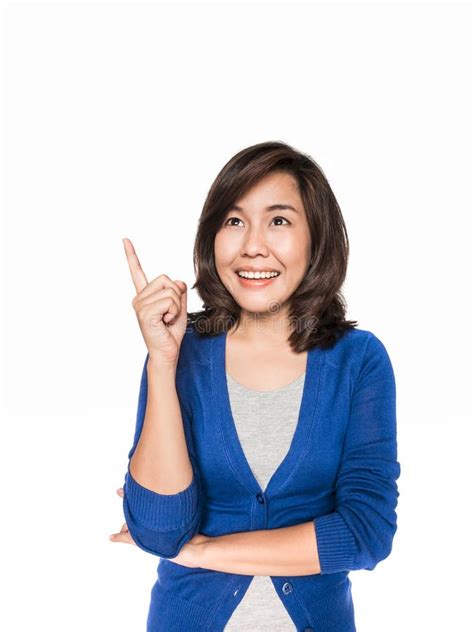 Woman Smiling Pointing Up Showing Copy Space Stock Image Image Of