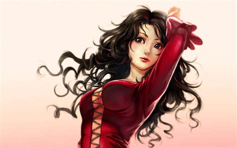 Anime Girls Brunette Dress Red Dress Curly Hair Long
