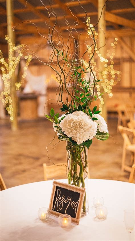 Hydrangeas And Curly Willow Branches Centerpiece Barnweddings