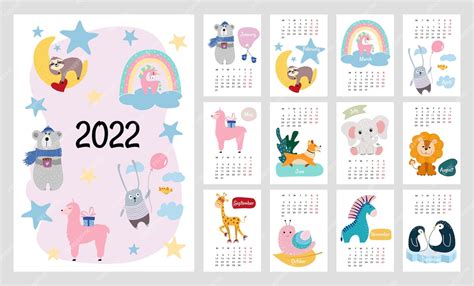 Calendario 2022 O Planificador Para Niños Lindos Animales Estilizados