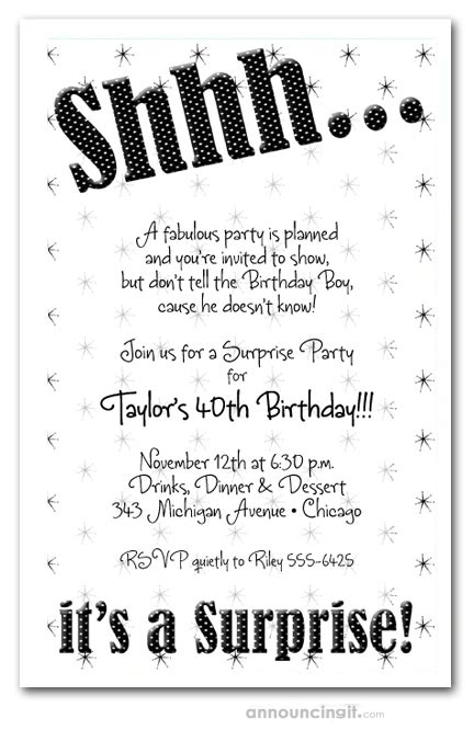Shhh Black Polka Dot Surprise Birthday Party Invitations