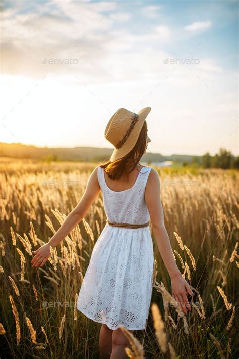 Woman In Dress Walking In Wheat Field On Sunset Summer Photoshoot Meadow Photography Girl