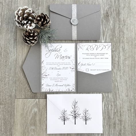 Sample Rustic Winter Wedding Invitation Grey Pocket Fold Etsy