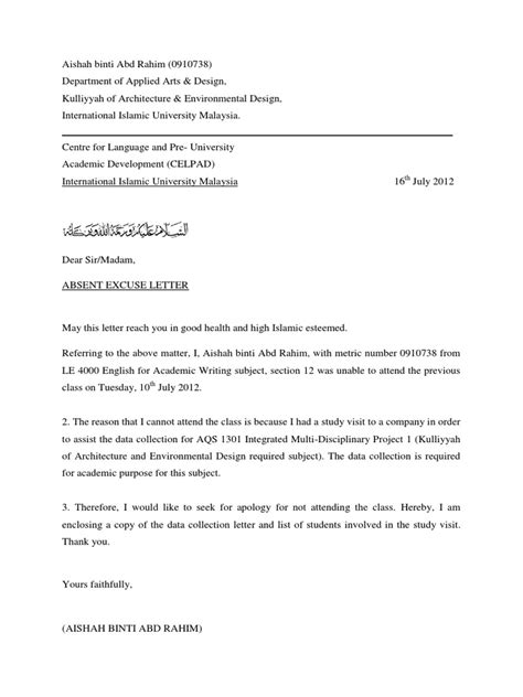 Letter for unable to attend meeting. Absent Excuse Letter for Not Attending Class