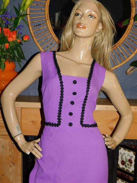 Vintage 60s Purple Black Contrast Mod Shift Dress 12 M 1960s Kitsch