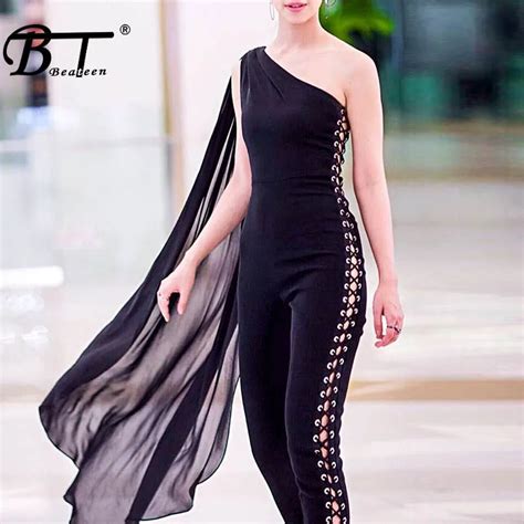 Beateen Women Jumpsuits One Shoulder Hollow Out Black Batwing Sleeve