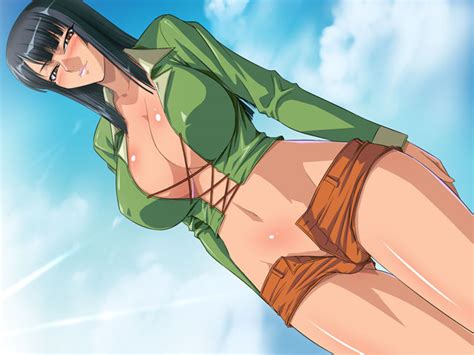 1girl Black Hair Blush Breasts Brown Eyes Cloud Denim Denim Shorts Huge