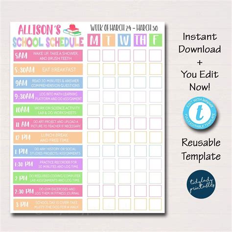 Homework Organizer Kids Student Calendar Planner Printable Editable
