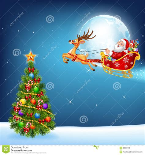Happy Santa In His Christmas Sled Being Pulled By Reindeer Stock