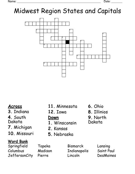 Midwest Region States And Capitals Crossword Wordmint