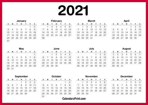 2021 Calendar Printable Free Horizontal Hd Red Calendarzprint