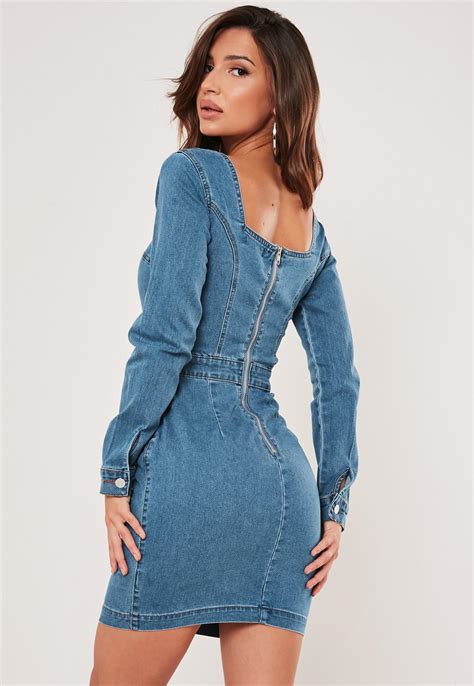 Blue Long Sleeve Square Neck Denim Dress Missguided