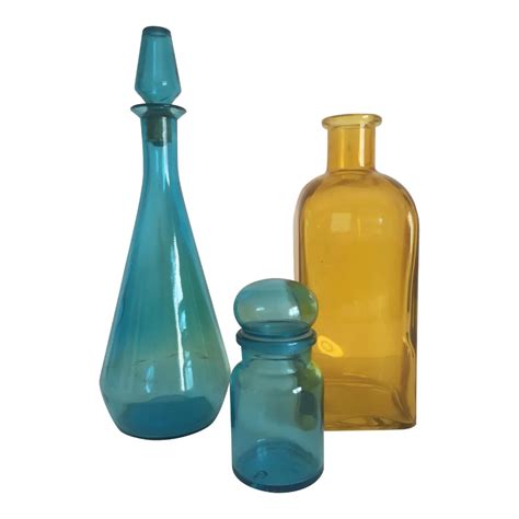 vintage mid century modern aqua blue and yellow glass bottles set of 3 chairish antique