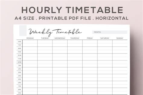 Hourly Weekly Timetable Printable Horizontal — 2024 Digital Planners By