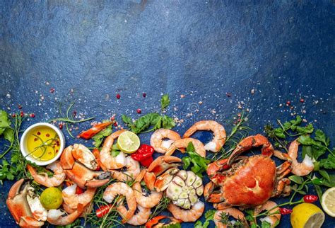 Seafood Background On Trendy Classic Blue Background Top View Copy