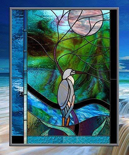 Blue Heron With Moonlit Tree Leaded Stained Glass Window Handmade Products